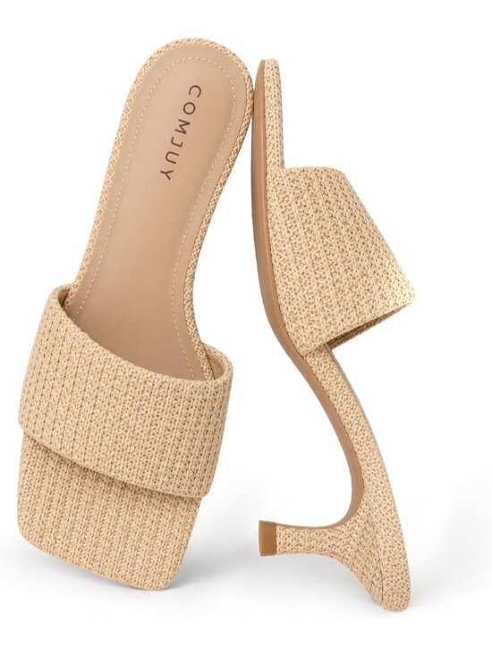 Shoes - Women's Beige Raffia Sandals Comfortable 2 Inch Kitten Heels Lightweight